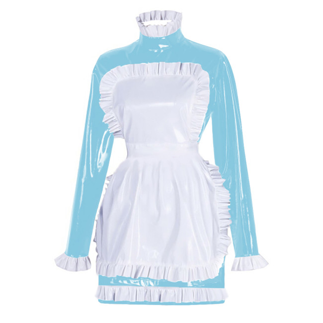 Sissy Latex-look PVC Leather Maid Dress with Ruffled Apron Long Sleeves Bodycon Mini Maid Uniform Halloween Cosplay Dress Outfit