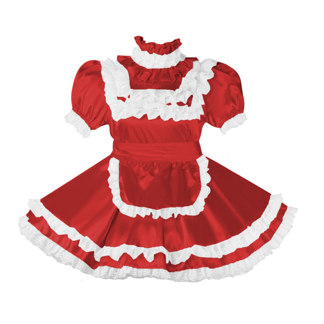 Lockable Sissy Satin Maid Dress Outfit Cosplay Uniforms Lace Ruffles Pleated Maid Fancy Dress Halloween Maidservant Costumes 7XL