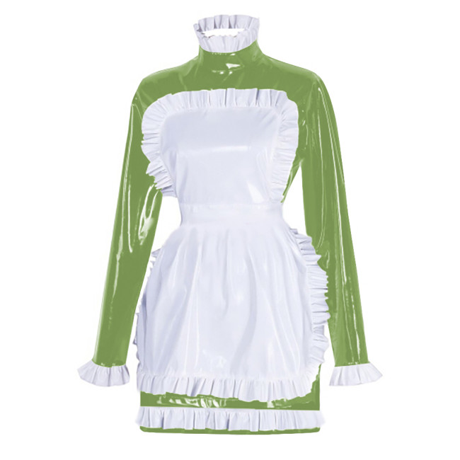 Sissy Latex-look PVC Leather Maid Dress with Ruffled Apron Long Sleeves Bodycon Mini Maid Uniform Halloween Cosplay Dress Outfit