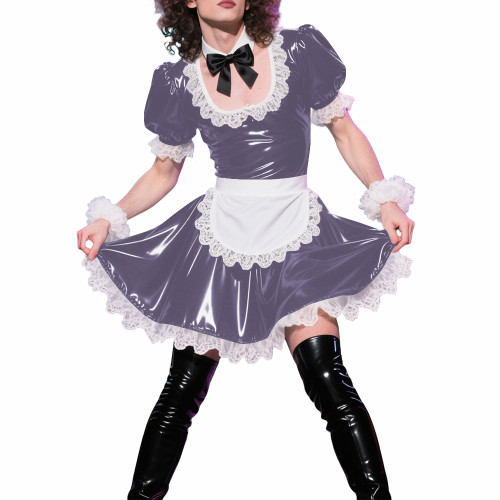 Mens Sissy Puff Short Sleeves A-line Maid Dress Sets Lolita U-neck Wetlook PVC Leather Pleated Dress Cosplay Apron Maid Uniforms
