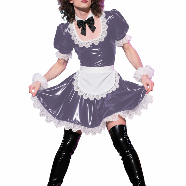 Mens Sissy Puff Short Sleeves A-line Maid Dress Sets Lolita U-neck Wetlook PVC Leather Pleated Dress Cosplay Apron Maid Uniforms