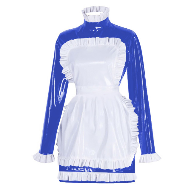Sissy Latex-look PVC Leather Maid Dress with Ruffled Apron Long Sleeves Bodycon Mini Maid Uniform Halloween Cosplay Dress Outfit