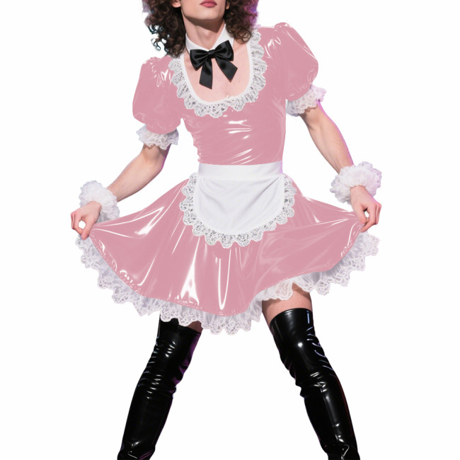 Mens Sissy Puff Short Sleeves A-line Maid Dress Sets Lolita U-neck Wetlook PVC Leather Pleated Dress Cosplay Apron Maid Uniforms