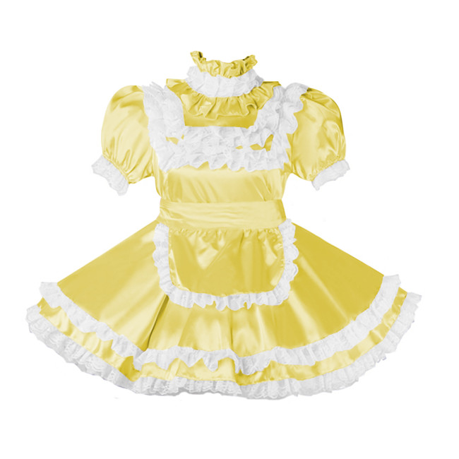 Lockable Sissy Satin Maid Dress Outfit Cosplay Uniforms Lace Ruffles Pleated Maid Fancy Dress Halloween Maidservant Costumes 7XL
