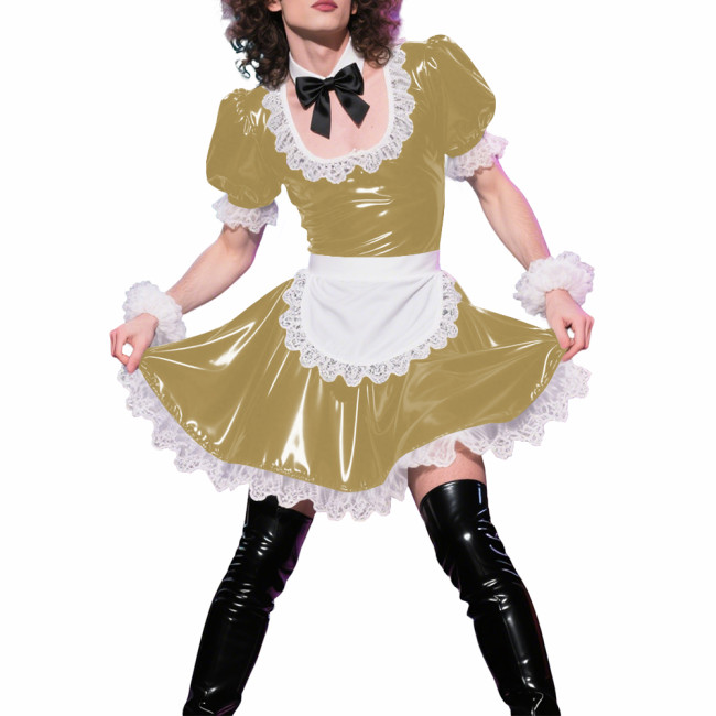 Mens Sissy Puff Short Sleeves A-line Maid Dress Sets Lolita U-neck Wetlook PVC Leather Pleated Dress Cosplay Apron Maid Uniforms