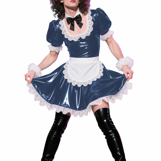 Mens Sissy Puff Short Sleeves A-line Maid Dress Sets Lolita U-neck Wetlook PVC Leather Pleated Dress Cosplay Apron Maid Uniforms