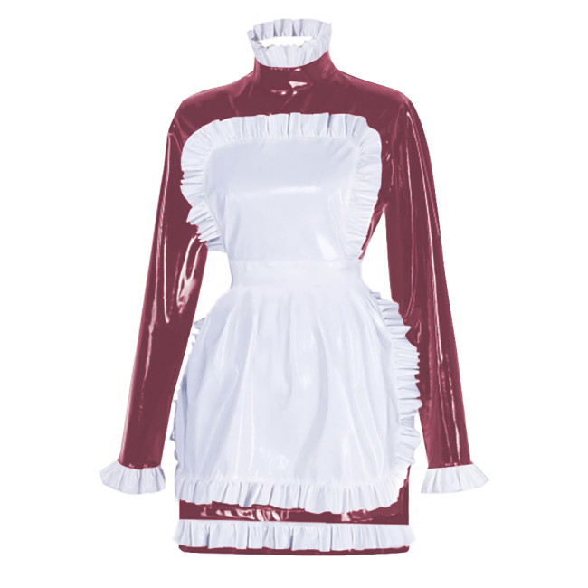 Sissy Latex-look PVC Leather Maid Dress with Ruffled Apron Long Sleeves Bodycon Mini Maid Uniform Halloween Cosplay Dress Outfit