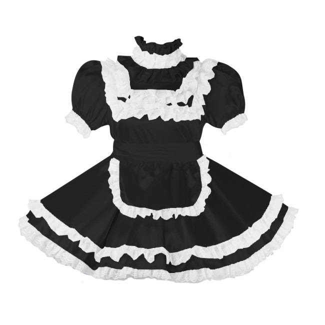 Lockable Sissy Satin Maid Dress Outfit Cosplay Uniforms Lace Ruffles Pleated Maid Fancy Dress Halloween Maidservant Costumes 7XL