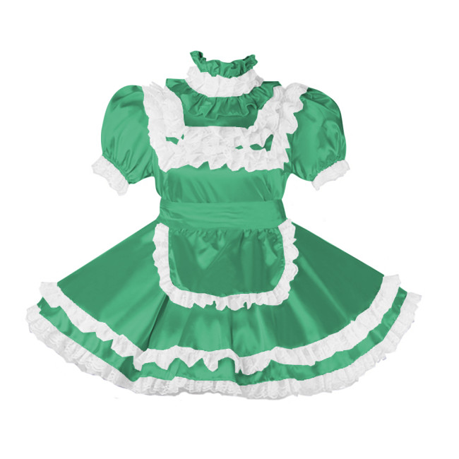 Lockable Sissy Satin Maid Dress Outfit Cosplay Uniforms Lace Ruffles Pleated Maid Fancy Dress Halloween Maidservant Costumes 7XL