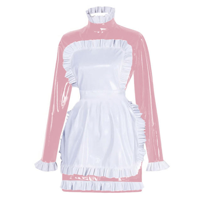 Sissy Latex-look PVC Leather Maid Dress with Ruffled Apron Long Sleeves Bodycon Mini Maid Uniform Halloween Cosplay Dress Outfit