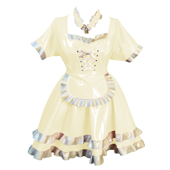 Fetish Short Sleeves Lockable Maid Dress Outfits Lolita Pleated French Servant Dress with Ruffles Party Role Play Maid Uniforms