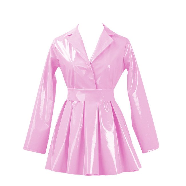 PVC Vinyl Leather Mini Party Dress for Women Lapel Neck Lady Elegant High Waist Pleated Dress Chic Sashes Long Sleeve Dresses