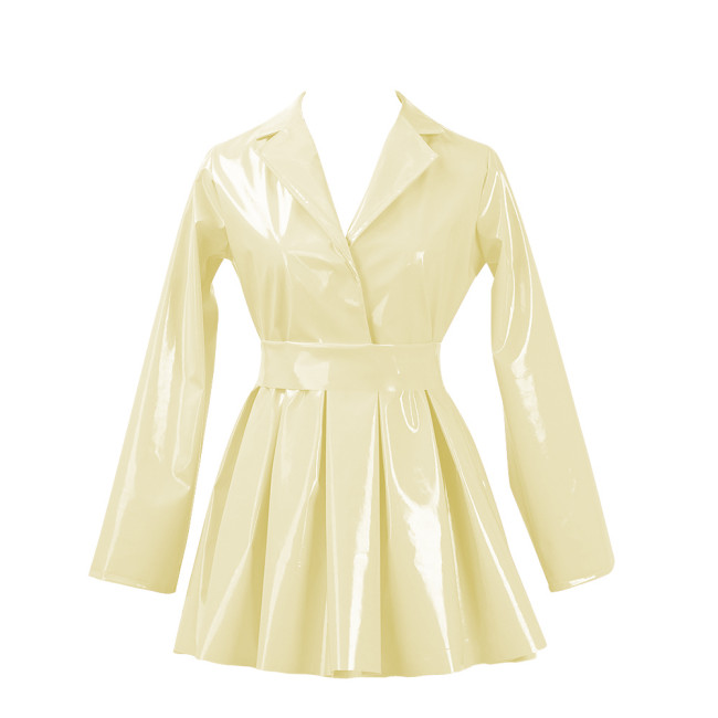 PVC Vinyl Leather Mini Party Dress for Women Lapel Neck Lady Elegant High Waist Pleated Dress Chic Sashes Long Sleeve Dresses