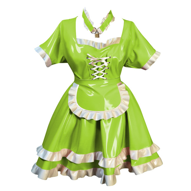 Fetish Short Sleeves Lockable Maid Dress Outfits Lolita Pleated French Servant Dress with Ruffles Party Role Play Maid Uniforms