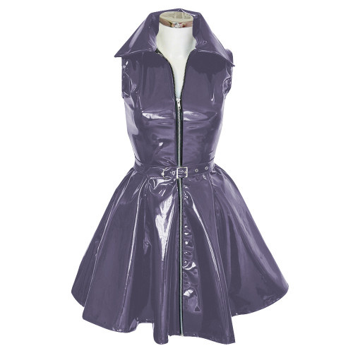 Goth Club Zipper A-Line Tank Dress with Belt Womens Turn-down Collar Sleeveless PVC Vinyl Leather Mini Dress Sissy Streetwear