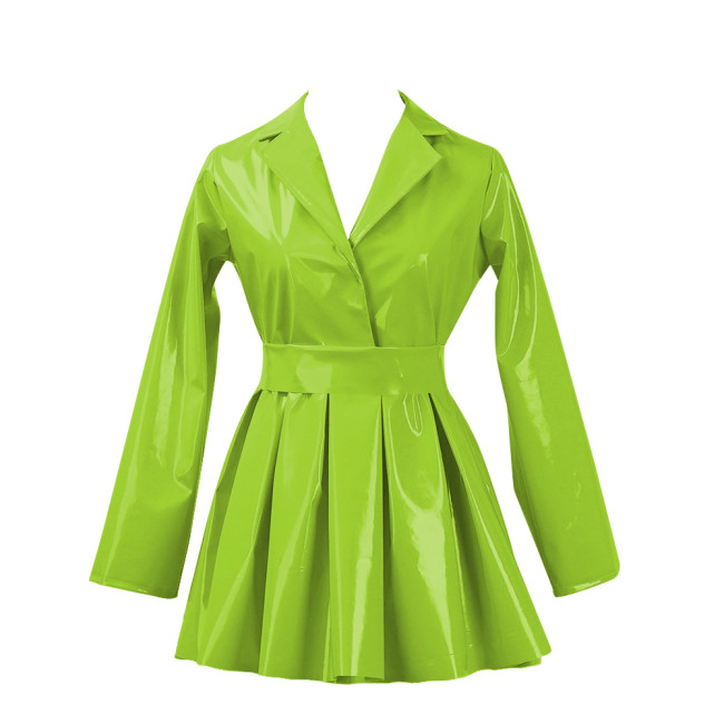 PVC Vinyl Leather Mini Party Dress for Women Lapel Neck Lady Elegant High Waist Pleated Dress Chic Sashes Long Sleeve Dresses