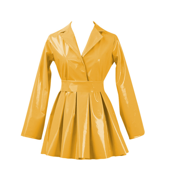 PVC Vinyl Leather Mini Party Dress for Women Lapel Neck Lady Elegant High Waist Pleated Dress Chic Sashes Long Sleeve Dresses