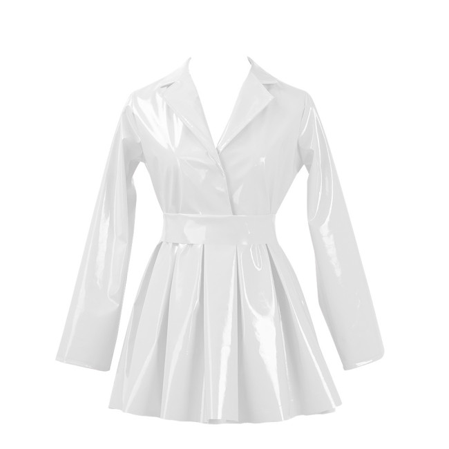PVC Vinyl Leather Mini Party Dress for Women Lapel Neck Lady Elegant High Waist Pleated Dress Chic Sashes Long Sleeve Dresses