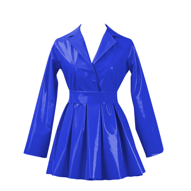 PVC Vinyl Leather Mini Party Dress for Women Lapel Neck Lady Elegant High Waist Pleated Dress Chic Sashes Long Sleeve Dresses