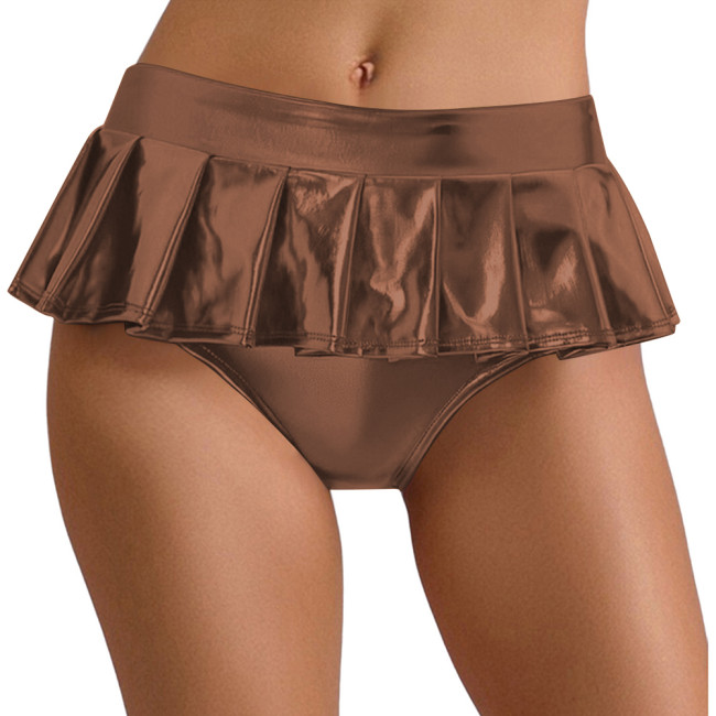 Sexy Metallic Shiny Mini Skirted Panties for Womens Exotic Pleated Pole Dance Briefs Underwear Rave Party Nightclub Clubwear 7XL
