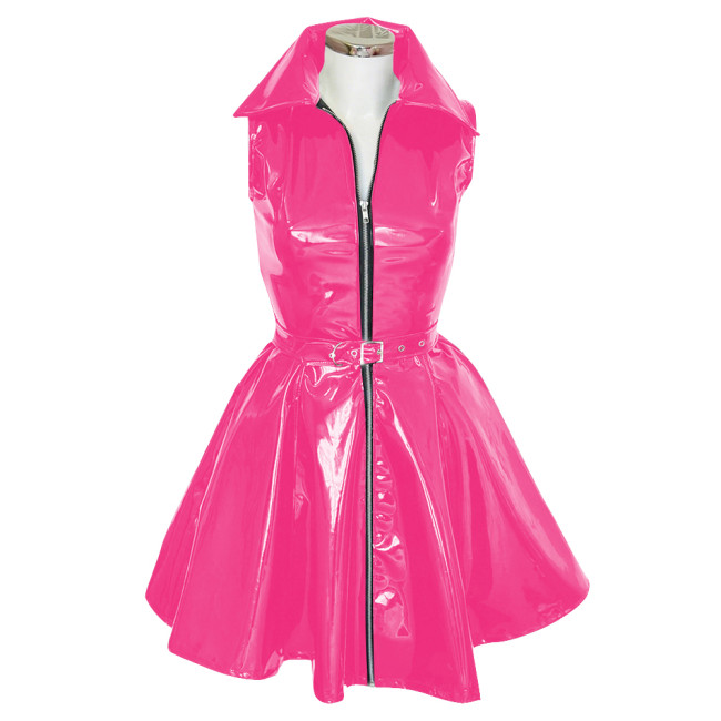 Goth Club Zipper A-Line Tank Dress with Belt Womens Turn-down Collar Sleeveless PVC Vinyl Leather Mini Dress Sissy Streetwear