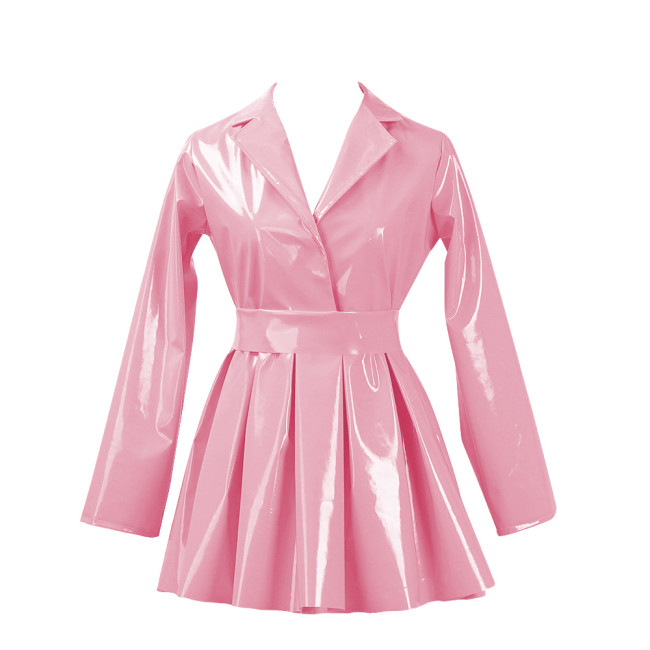 PVC Vinyl Leather Mini Party Dress for Women Lapel Neck Lady Elegant High Waist Pleated Dress Chic Sashes Long Sleeve Dresses
