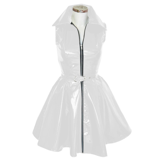 Goth Club Zipper A-Line Tank Dress with Belt Womens Turn-down Collar Sleeveless PVC Vinyl Leather Mini Dress Sissy Streetwear