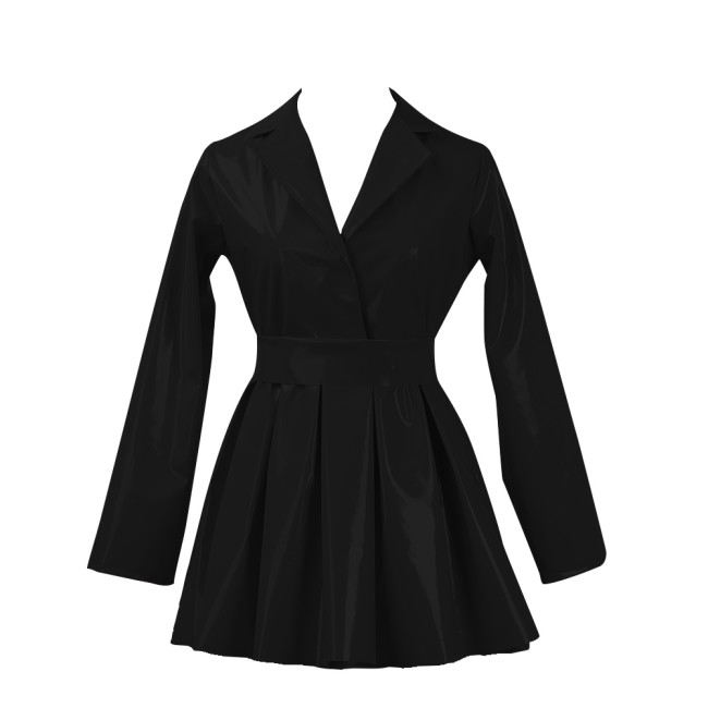 PVC Vinyl Leather Mini Party Dress for Women Lapel Neck Lady Elegant High Waist Pleated Dress Chic Sashes Long Sleeve Dresses