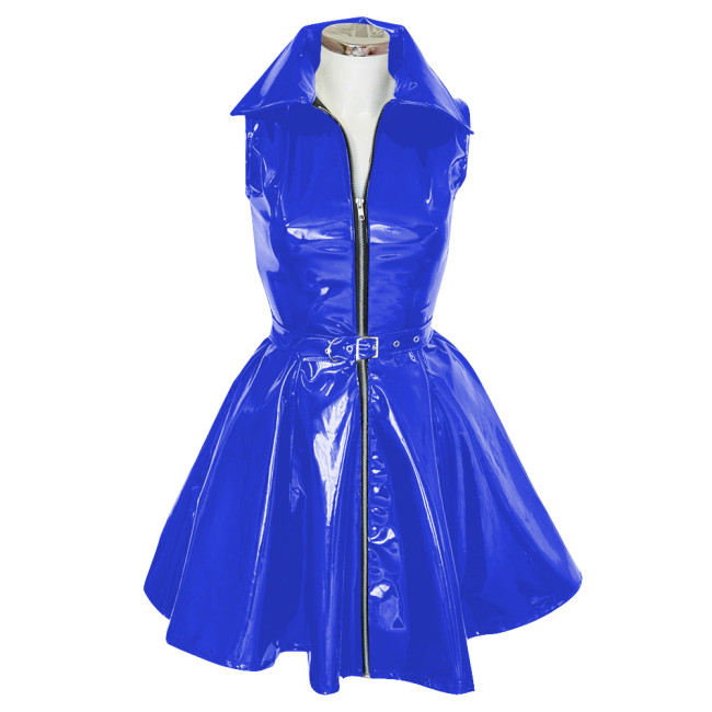 Goth Club Zipper A-Line Tank Dress with Belt Womens Turn-down Collar Sleeveless PVC Vinyl Leather Mini Dress Sissy Streetwear