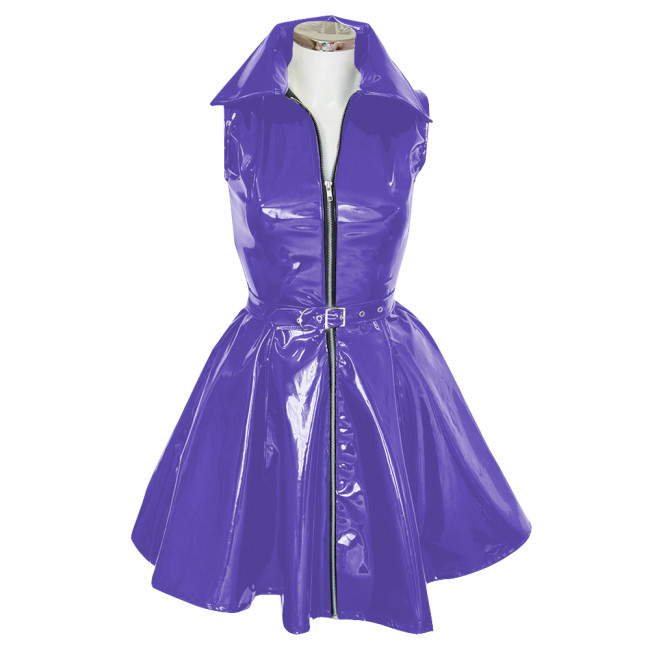 Goth Club Zipper A-Line Tank Dress with Belt Womens Turn-down Collar Sleeveless PVC Vinyl Leather Mini Dress Sissy Streetwear