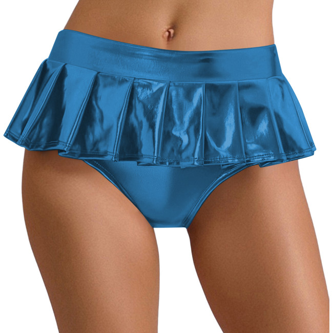 Sexy Metallic Shiny Mini Skirted Panties for Womens Exotic Pleated Pole Dance Briefs Underwear Rave Party Nightclub Clubwear 7XL