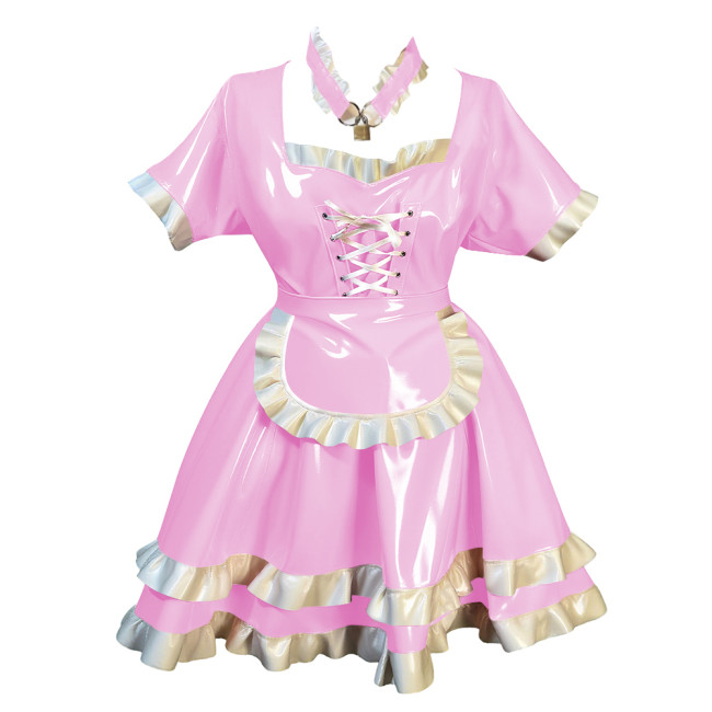 Fetish Short Sleeves Lockable Maid Dress Outfits Lolita Pleated French Servant Dress with Ruffles Party Role Play Maid Uniforms