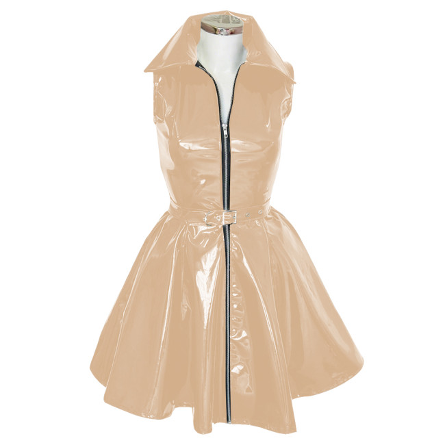 Goth Club Zipper A-Line Tank Dress with Belt Womens Turn-down Collar Sleeveless PVC Vinyl Leather Mini Dress Sissy Streetwear