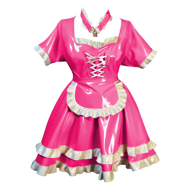 Fetish Short Sleeves Lockable Maid Dress Outfits Lolita Pleated French Servant Dress with Ruffles Party Role Play Maid Uniforms