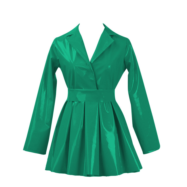 PVC Vinyl Leather Mini Party Dress for Women Lapel Neck Lady Elegant High Waist Pleated Dress Chic Sashes Long Sleeve Dresses
