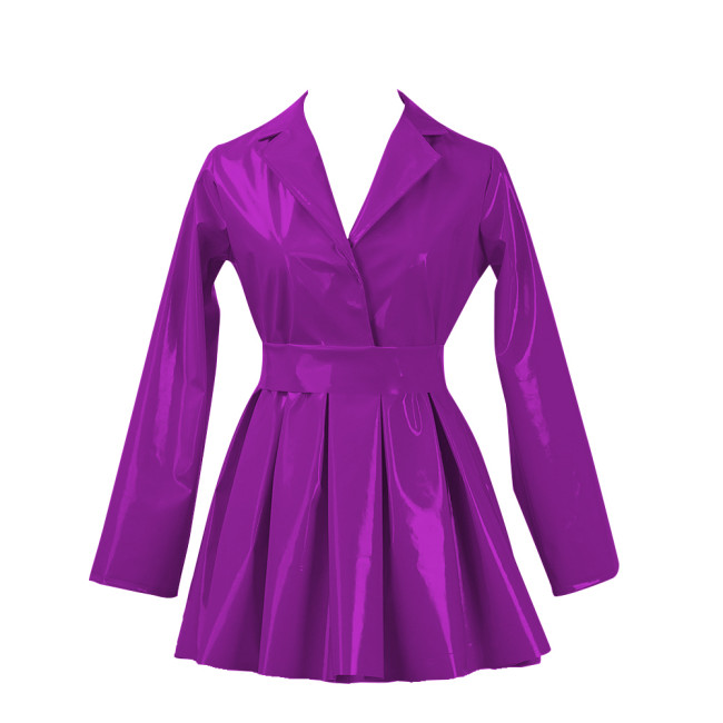 PVC Vinyl Leather Mini Party Dress for Women Lapel Neck Lady Elegant High Waist Pleated Dress Chic Sashes Long Sleeve Dresses