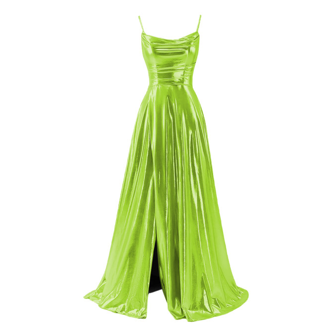 Women Sexy Maxi Sling Dress Liquid Metallic Pleated Slim High Waist Long Dress Ladies Backless Elegant Dress Evening Party Robe