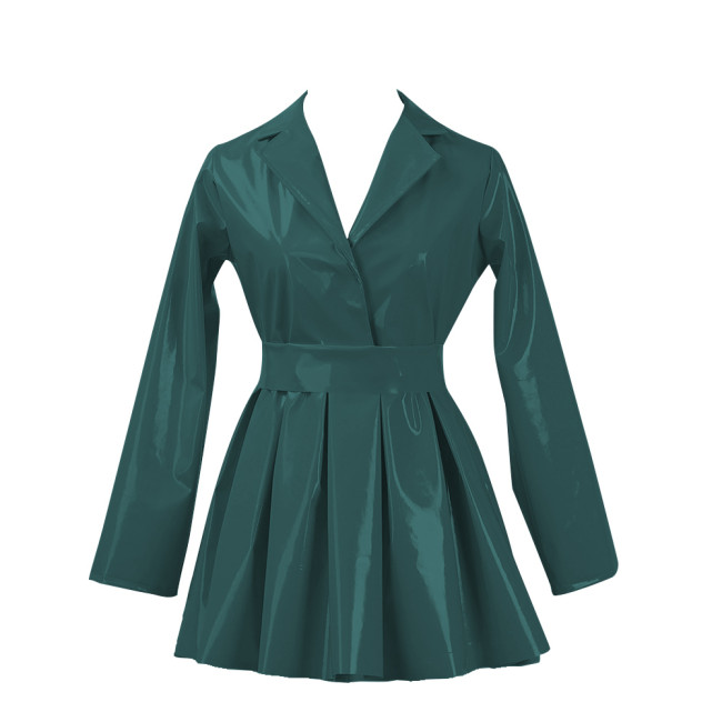 PVC Vinyl Leather Mini Party Dress for Women Lapel Neck Lady Elegant High Waist Pleated Dress Chic Sashes Long Sleeve Dresses