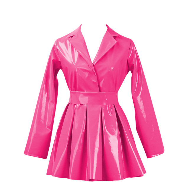 PVC Vinyl Leather Mini Party Dress for Women Lapel Neck Lady Elegant High Waist Pleated Dress Chic Sashes Long Sleeve Dresses