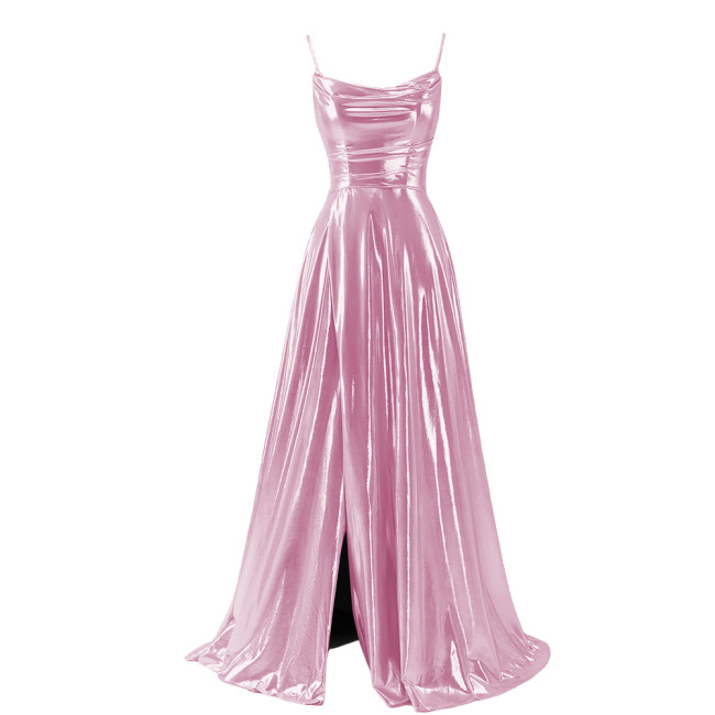 Women Sexy Maxi Sling Dress Liquid Metallic Pleated Slim High Waist Long Dress Ladies Backless Elegant Dress Evening Party Robe