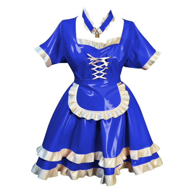 Fetish Short Sleeves Lockable Maid Dress Outfits Lolita Pleated French Servant Dress with Ruffles Party Role Play Maid Uniforms