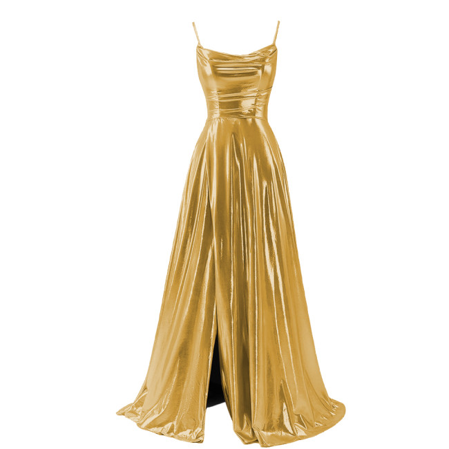 Women Sexy Maxi Sling Dress Liquid Metallic Pleated Slim High Waist Long Dress Ladies Backless Elegant Dress Evening Party Robe