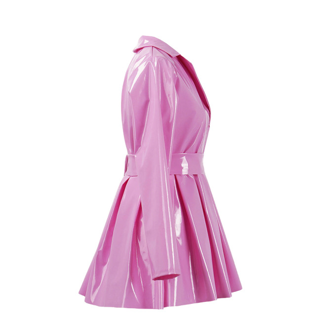 PVC Vinyl Leather Mini Party Dress for Women Lapel Neck Lady Elegant High Waist Pleated Dress Chic Sashes Long Sleeve Dresses