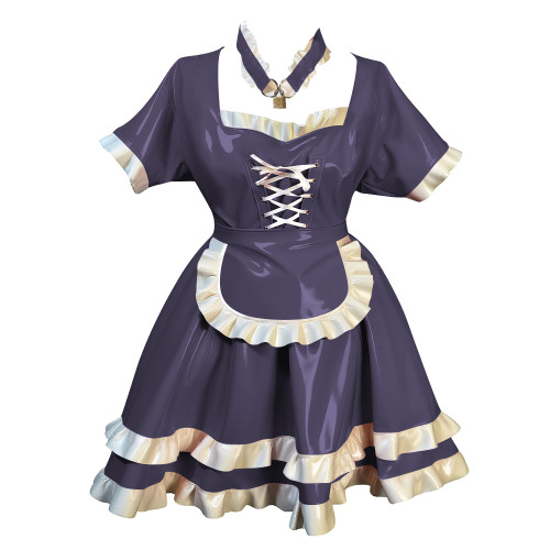 Fetish Short Sleeves Lockable Maid Dress Outfits Lolita Pleated French Servant Dress with Ruffles Party Role Play Maid Uniforms
