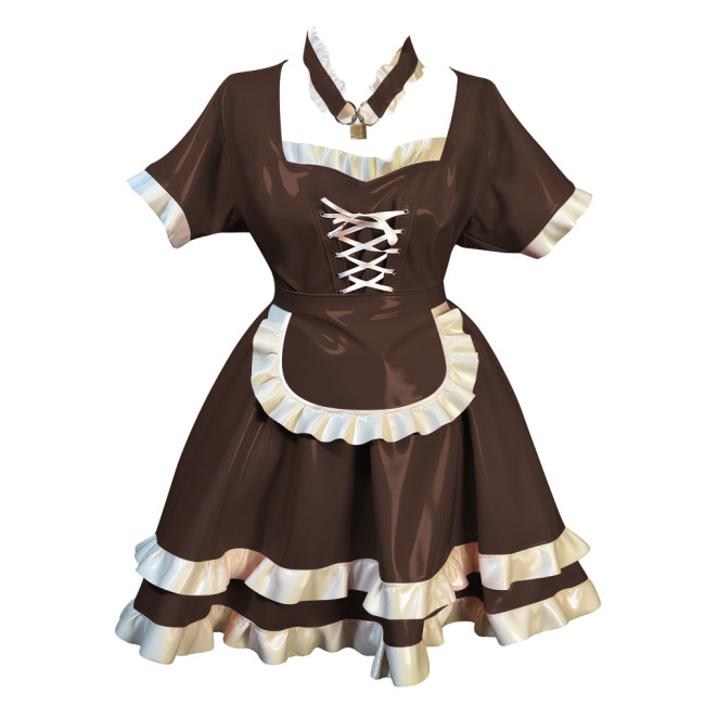 Fetish Short Sleeves Lockable Maid Dress Outfits Lolita Pleated French Servant Dress with Ruffles Party Role Play Maid Uniforms