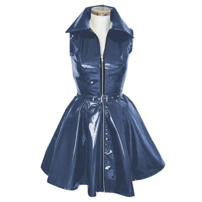 Goth Club Zipper A-Line Tank Dress with Belt Womens Turn-down Collar Sleeveless PVC Vinyl Leather Mini Dress Sissy Streetwear