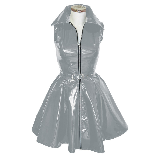 Goth Club Zipper A-Line Tank Dress with Belt Womens Turn-down Collar Sleeveless PVC Vinyl Leather Mini Dress Sissy Streetwear