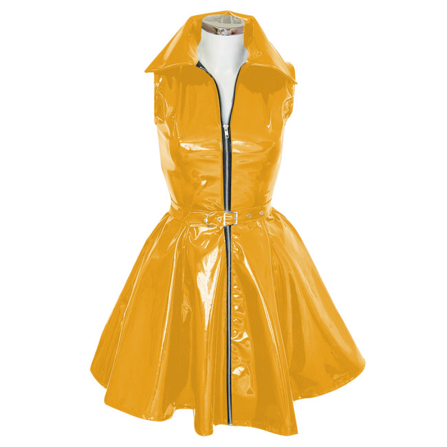 Goth Club Zipper A-Line Tank Dress with Belt Womens Turn-down Collar Sleeveless PVC Vinyl Leather Mini Dress Sissy Streetwear