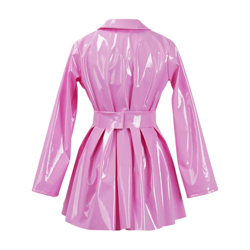 PVC Vinyl Leather Mini Party Dress for Women Lapel Neck Lady Elegant High Waist Pleated Dress Chic Sashes Long Sleeve Dresses