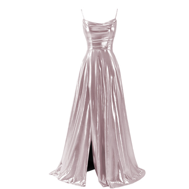 Women Sexy Maxi Sling Dress Liquid Metallic Pleated Slim High Waist Long Dress Ladies Backless Elegant Dress Evening Party Robe